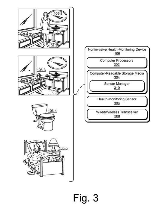 图|Google 专利描绘了未来浴室的样貌。（來源：专利文件《Noninvasive Determination Of Cardiac Health And Other Functional States and Trends For Human Physiological Systems》）