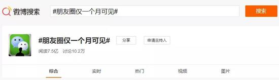 截至发稿前，#朋友圈仅一个月可见#话题阅读量已达7.5亿，讨论数10.2万。
