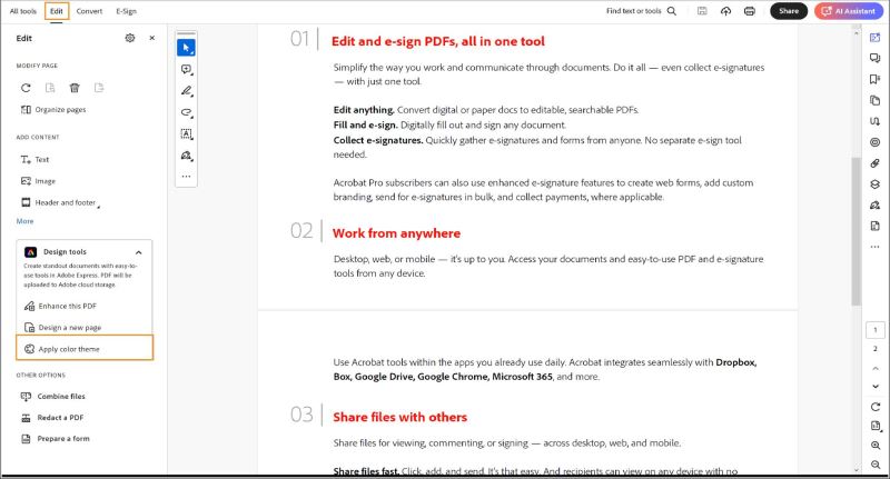 高亮显示 Adobe Acrobat 中的“应用颜色主题”选项