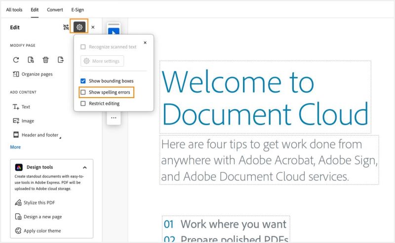 高亮显示 Acrobat 中的拼写检查功能